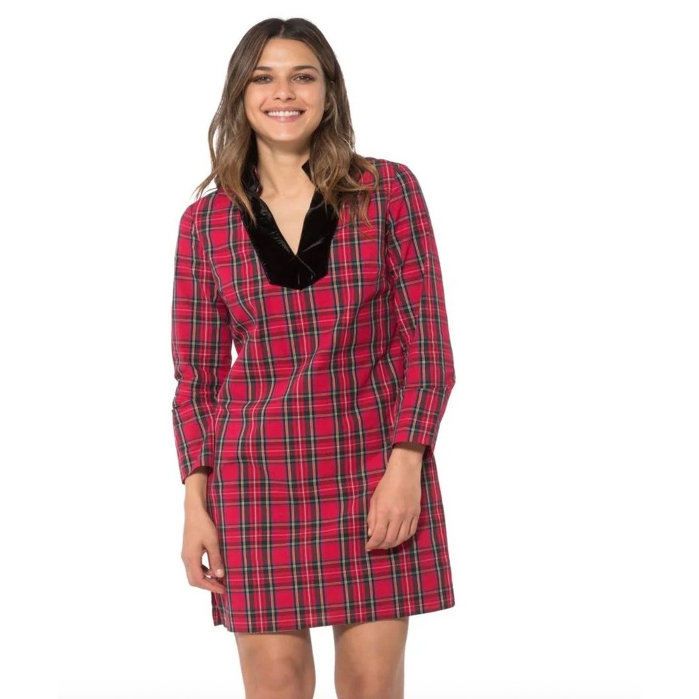 Sail to Sable‎ Red Tartan Plaid Velvet Collar Tunic Dress Size Small Holiday